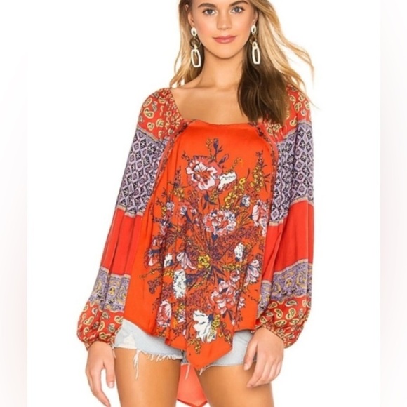 Free People Tops - FREE PEOPLE Positano Printed Blouse in Red Orange Floral Sz Large